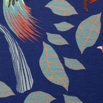 Viskose-Jersey Birds of Paradise by Bienvenido Colorido - blau-bunt, Blätter und Vögel